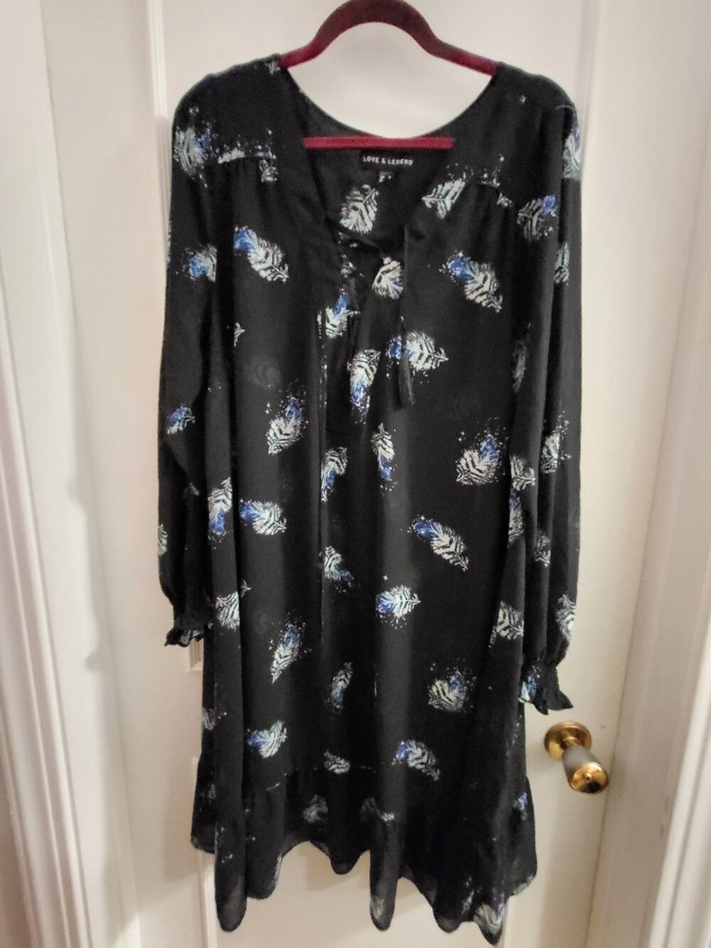 Love & Legend Boho Chiffon Shift Dress - Blue Feather Print - Size 18